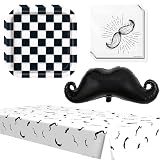Mustache Party Supplies Set – 7' Dessert Plates, Napkins, Table Cover and Mustache Balloon for 16 Guests – Little Man Baby Shower, Birthday, Father’s Day Decorations