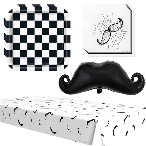 Mustache Party Supplies Set – 7" Dessert Plates, Napkins, Table Cover and Mustache Balloon for 16 Guests – Little Man Baby Shower, Birthday, Father’s Day Decorations