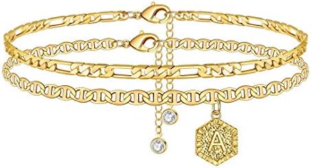 Memorjew Ankle Bracelets for Women Initial Anklet, 14K Gold Plated Layered Anklet Letter A Initial Anklets for Womens Summer Foot Jewelry Gifts for Women Teen Girls