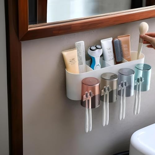 Image of WEZOSHINET Wall Mounted Toothbrush Holder for Bathroom - Stickable Brush Stand with Cover Tooth Brush & Paste Holder for Bathroom (4 Cups Toothbrush Holder)