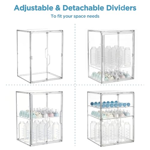 Image of HBlife Baby Bottle Storage Organizer for Countertop Cabinet, 3 Tiers Adjustable Clear Acrylic Bottles Storage Station Case Box Container with 2 Removable Dividers and Magnetic Double Door, X-Large