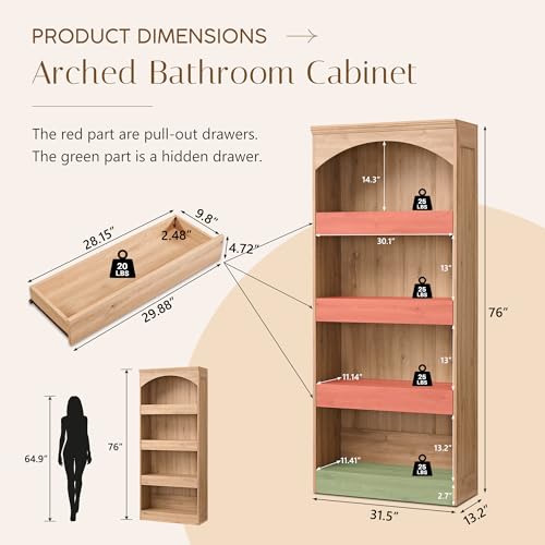 Image of IFBUY 76 inch Tall 3 Drawers Arched Bathroom Storage Cabinet, Natural