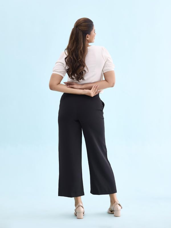 Image of GO COLORS Poly Spandex Crepe Wide Pants Full Length for Women| Lightweight, Mid Rise, Side Pockets