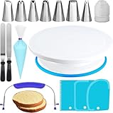 Cake Turntable and Leveler-Rotating Cake Stand with Non Slip Pad-7 Icing Tips and 20 Bags- Straight & Offset Spatula-3 Scraper Set -E Book-Cake Decorating Kit -Baking Tools