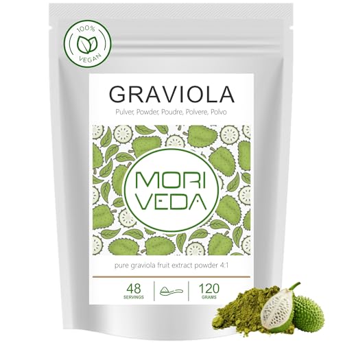 MoriVeda® Extracto de polvo de graviola, 100% natural, extracto de fruta graviola, rico en vitaminas y antioxidantes, graviola de primera calidad, vegana y sin gluten (1 x 120 g)