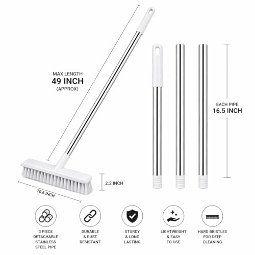 Image of Milton Bathroom Brush Floor Cleaning with Long Handle, 49 Inch Adjustable Scrub Brush with 3 Section Stainless Steel Rod Hard Bristle Tile Scrubber for Bathroom, Kitchen, Wall & Floor Cleaning Tool
