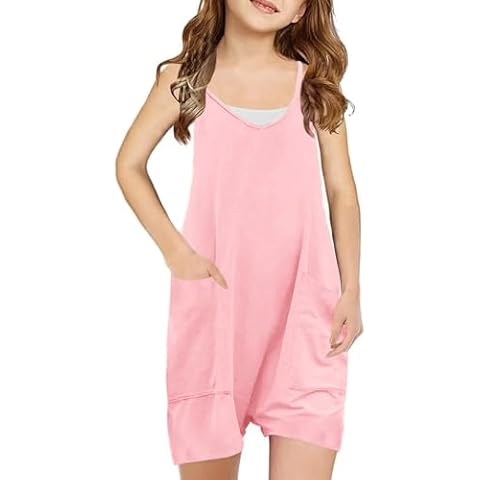 Bnycuml Girl's Casual Sleeveless Short Jumpsuits V Neck Spaghetti Strap Romper with Pocets (Pink,140) Cover