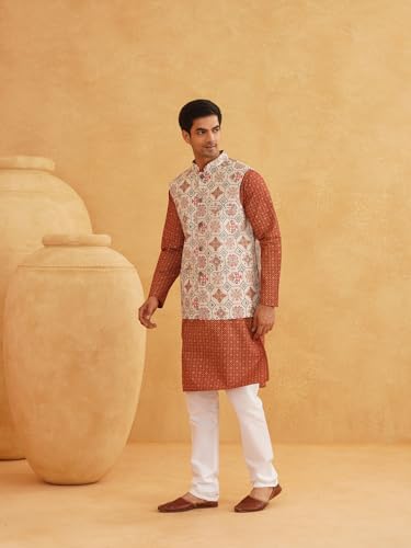 Image of SOJANYA (Since 1958 Men's Cotton Linen Maroon Kurta and White Pyjama with Mustard Cotton Nehru Jacket