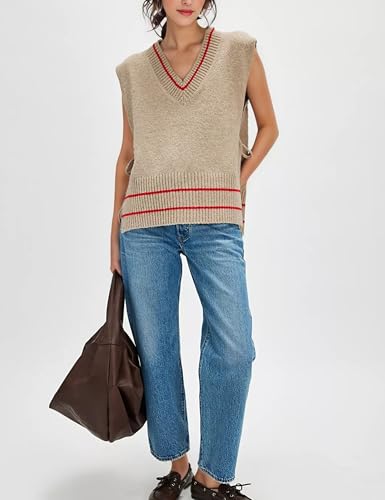 Image of Women's V Neck Sweater Vest Loose Knit Sleeveless Poncho Side Binding Fringe Pullover Tank Tops