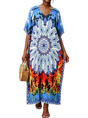 Image of Kaftan Dresses for Women V Neck Caftan Batwing Sleeve Swimsuit Cover Up | JILUVIN Plus Size Beach Swimwear Dress, Loose Fit Maxi Print Moomoo, Casual Mumu Nightgown Mrs Roper Costumes Vocation 2026