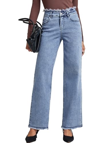 Astylish Womens High Waisted Raw Hem Jeans Stretchy Wide Leg Frayed Straight Denim Pants