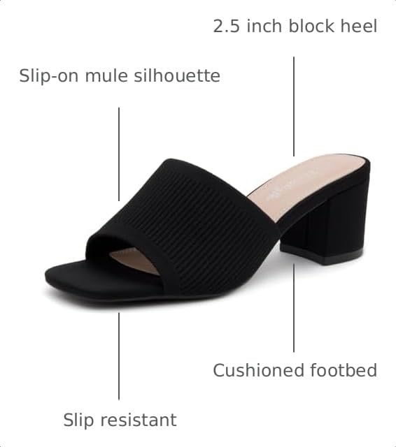 Image of Herstyle Square Open Toe Heeled Sandals for Women 2.5 Inch Low Block Chunky Heel Sandals Slip-On Mules Comfortable Dress Shoes for Party Wedding Office