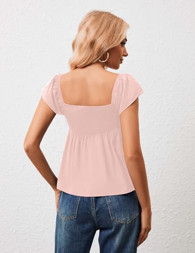 Womens Flowy Peplum Tank Tops Ruffle Sleeve Babydoll Tank Top Sweetheart Neck Smocked Back Short Sleeve Going Out Top Pink2