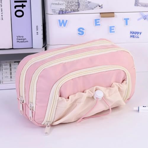 Image of Kawaii Cute Aesthetic Pencil Case for Students | Large Capacity Multi-Pocket Pencil Pouch with Zipper | Cartoon Stationery Organizer Bag for School, College & Office Supplies (Dori - Pink)