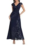 Ever-Pretty Women's Sparkly Sequin Evening Gown Short Sleeve Ruched Formal Evening Party Dress for Wedding Guest Navy Blue 16