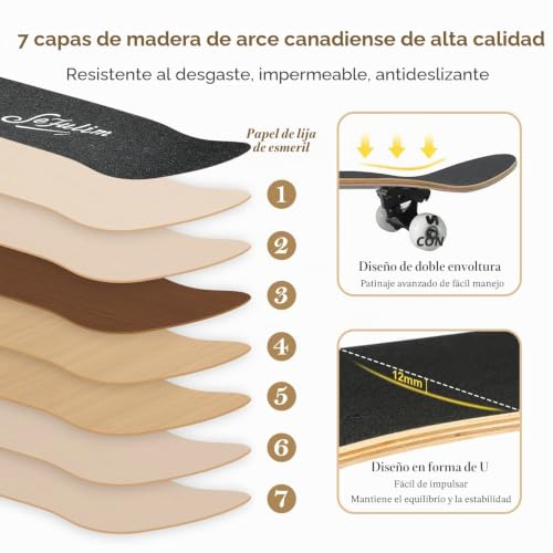 Miniatura 5 de Sefulim Completo Skateboard Para Principiantes, 79 X 20 Cm Completo Skateboard Para Adolescentes Adultos, 9 Capas Monopatín De Madera De Arce Abec-7 Skateboard, Longboards