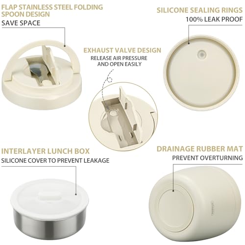 Image of wiwens Thermo Food Jar for Hot Food Adults 32OZ Soup Thermo Lunch Containers Wide Mouth Vacuum Insulated Stainless Steel Leakproof Bento Box with Spoon (Beige)