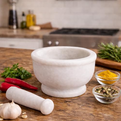 Image of White Marble Mortar and Pestle Set 5 Inch Natural Stone Spice Hand Grinder for Kitchen Herbs Masala Garlic Crusher Heavy Duty Khalbatta for Home Cooking