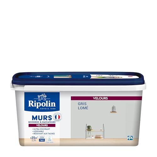 RIPOLIN - Peinture Intérieure Multi-Supports – Murs, Boiseries & Radiateurs – Ultra couvrante - Monocouche - Confort d'application - Aspect Velours - Gris Lome - 2,5L