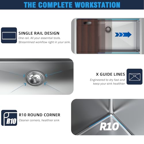 Image of 33 Undermount Kitchen Sink Modern - 33x22 Drop-in Kitchen Sinks, 18 Gauge 304 Stainless Steel Workstation Sink, Deep Single Bowl, Dual Mount, Handmade Basin, 8.9 Inch Deep, Built-In Accessories