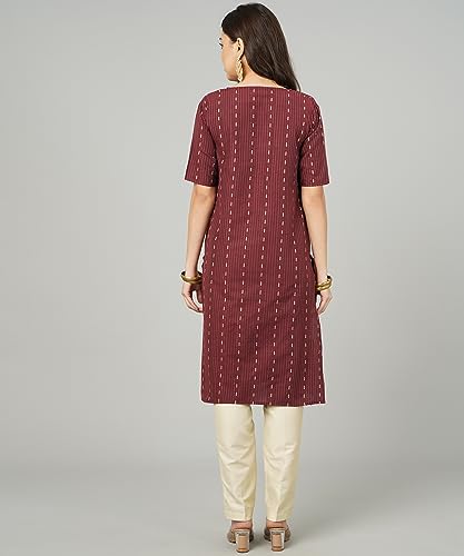 Image of Cotton Dobby Woven Design V- Neck Elbow Sleeves Knee Length Kurta for Women's