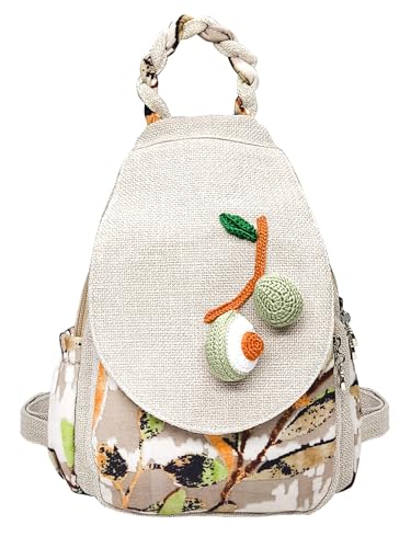 POPUCT Cute Small Cotton Hand Craft Backpack Purse Mini Multi Pocket Casual Daypack for Women(white avocado)