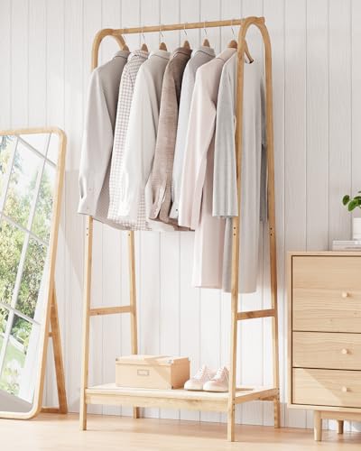 Clothing Rack with Storage Shelf, Bamboo Freestanding Garment Rack for Bedroom, Balcony, Clothes Store, Clothing Storage Organizer, Heavy Duty Clothes Rack for Hanging Clothes, Coats, Skirts, Shoes