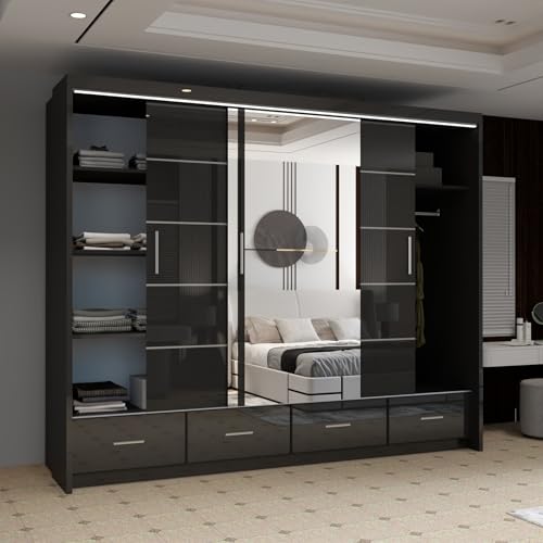MN Furniture Sycylia High Gloss Sliding Door Wardrobe with Mirror, LED Light & Bottom Drawers | Available in 150cm, 208cm, 255cm - Image 5