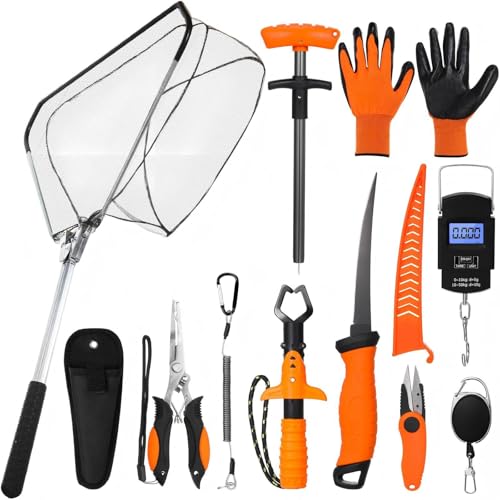 Image of RoundFunny 10 Pcs Fishing Tool Kit, Fishing Pliers with Lanyard and Protective Sheaths, Landing Net, Fillet Knife, Fish Scale, Gripper, Hook Remover, Braid Scissors, Gloves for Men Dad Gift