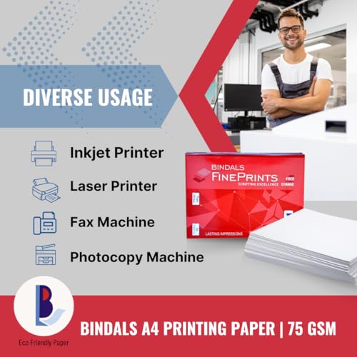 Image of BINDALS White Copier Paper | A4 Size | 75 GSM | 5 Reams & 500 Sheets per ream | Bright Plain Printing Paper | Fine Quality & Eco-friendly