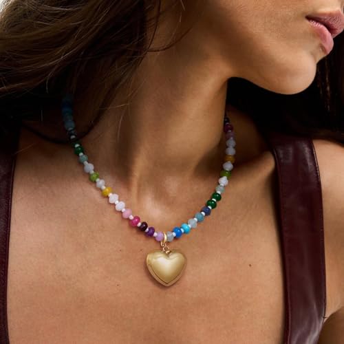 KissYan Beaded Necklaces for Women, Colorful Boho Bead Choker With Bubble Puffy Heart Pendant, Natural Stone Rainbow Necklaces Summer Surfer Beach Handmade Jewelry Gift2