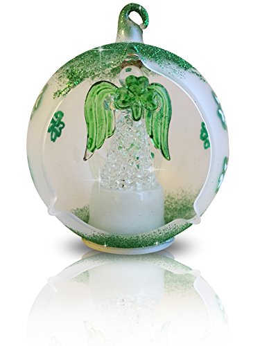 BANBERRY DESIGNS LED Irish Christmas Ornament with Angel & Shamrocks - Color Changing Lights - White Frosted Glass with Hand Painted Green Glitter Shamrocks 3.5