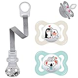 MAM Skin Soft Silikon Schnuller 0-6 Mo. Neutral // 2er Set // inkl. Sterilisiertrasportboxe & NIP Schnullerband