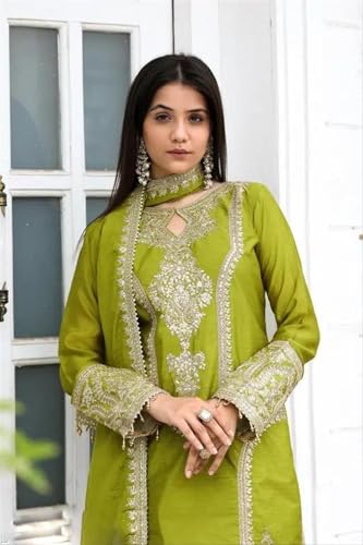 Image of Traditional Embroidered Pakistani Salwar Kameez Set, Pista Green, Cotton Silk with Zari Work