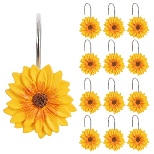 CTOHN 12-Piece Sunflower Shower Curtain Hooks Yellow Flowers Stainless Steel Decorative Shower Hangers Rings for Bathroom Decor