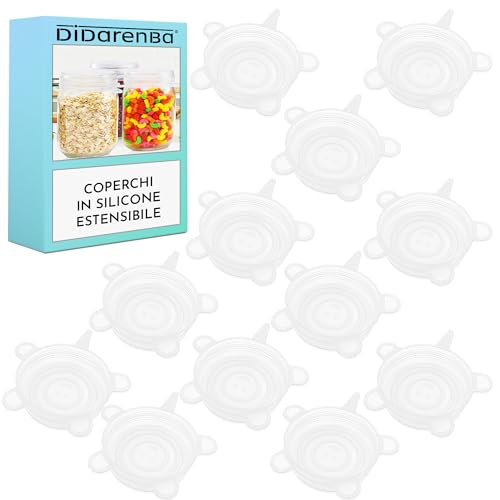 Coperchi in silicone regolabili da cucina 12 pezzi per barattoli lattine tazze riutilizzabili senza BPA ecologiche, resistenti ad alte e basse temperature, lavabili in lavastoviglie trasparente