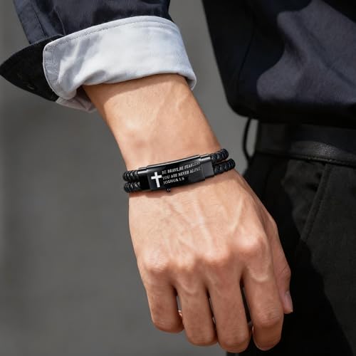 Pulsera para hombre de cuero trenzado negro con versículo bíblico miniatura 6