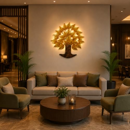 Image of Bharat Art Metal Tree Wall Art with LED Light for Living Room | Handcrafted Iron Tree Wall Hanging Home Decoration for Bedroom, Hall, Office & Entrance | Larch Tree | 24 * 2 * 24 inch | WD080
