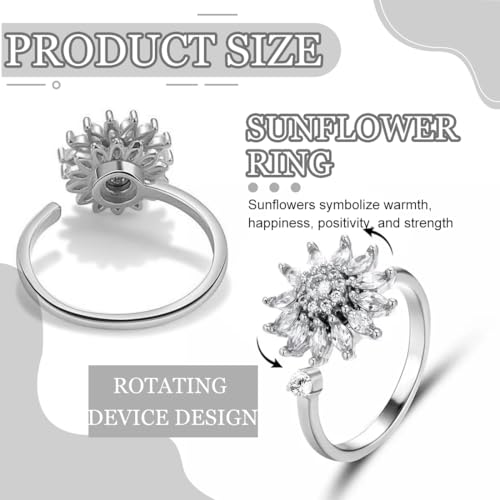 Bague Anti-Stress Femme Tournante en Forme de Tournesol Strass - Bague Femme Élégante et Ludique - Bague Anti-Stress Argent avec Détails Brillants - Idéale pour Relaxation et Style – vue 2