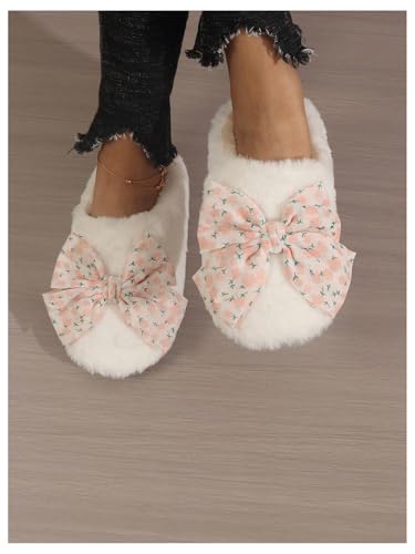 OYOANGLE Women's Floral Print Bow Decor Round Toe Faux Fur Slippers Comfortable Fuzzy Warm Slippers2