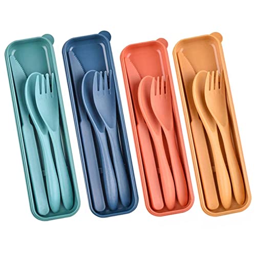 4 piezas de juego de cubiertos con estuche, Cubiertos de plástico portátil, Juego de vajilla de viaje, mit cuchillo/cuchara/tenedor ,para viajes al aire libre, oficina, escuela(4 Colores) Cover