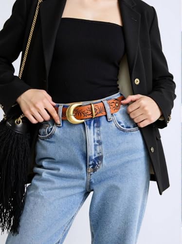 Image of Mealah Womens-Western-Belt Rhinestone-Cowboy-Cowgirl Belt - Embossed PU-Leather Belt with Diamond Flower-Buckle(for 31-38'')