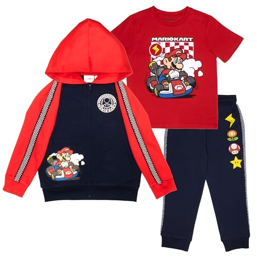 Image of Nintendo Mario Kart Boys 3-Piece Set - Graphic Zip-Up Hoodie, T-Shirt & Sweatpants - Super Mario Outfit for Kids
