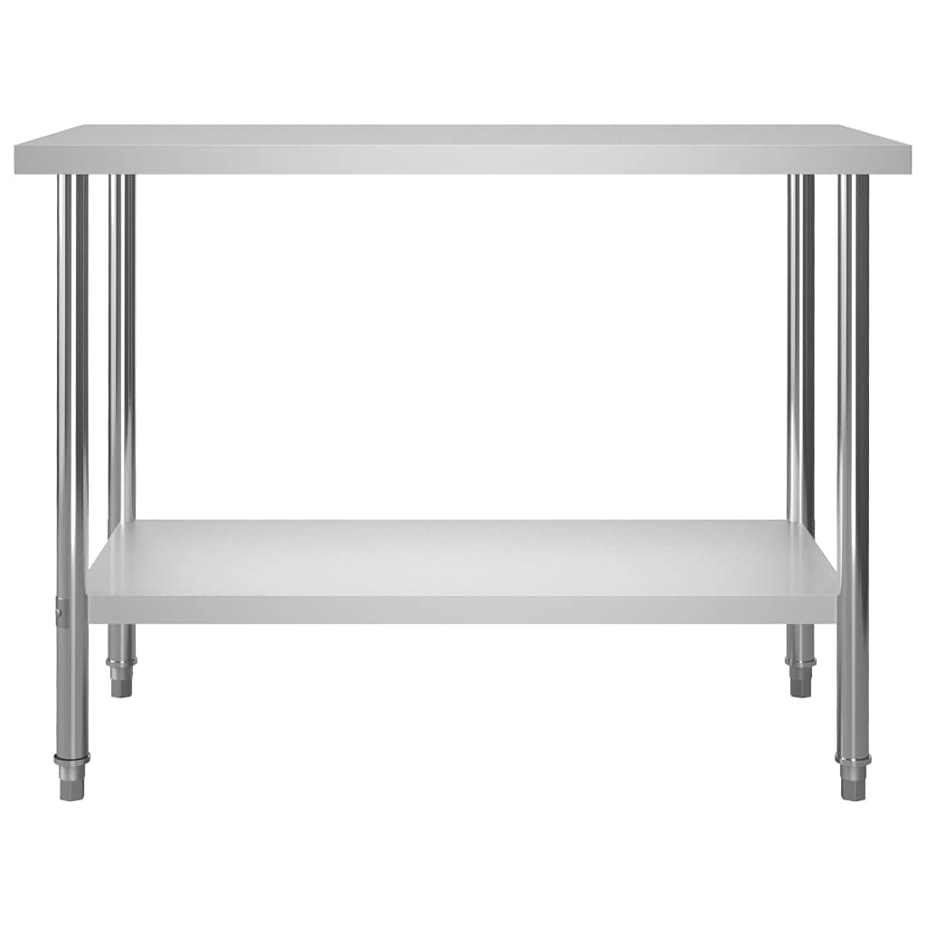 Tavolo da lavoro in acciaio inox con supporto, 120 x 60 x 120 cm, per gastronomia, cucina, ristorante, catering, grande cucina con ripiano e piedini regolabili
