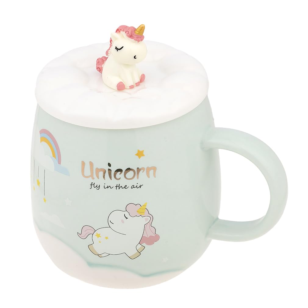 lachineuse - Taza de unicornio, color verde, con tapa y cuchara