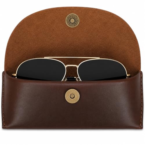 The Antiq Leather Sunglasses Case Slim Eyewear Pouch with Button Closure Soft Leather Glasses Holder Travel Spectacle Case Brown 7x3 Inch