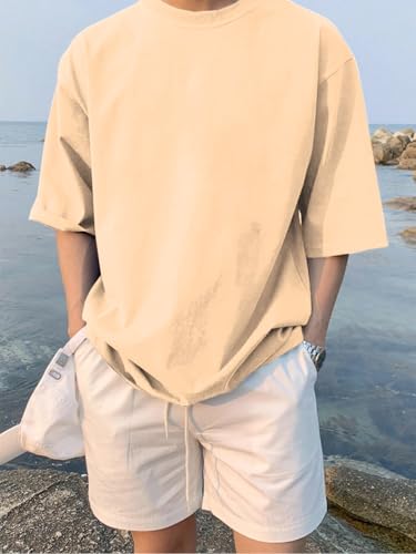 Image of LEOTUDE Half Sleeve Oversized Tshirt for Men, Round Neck Cottonblend Drop Shoulder Solid T-Shirt