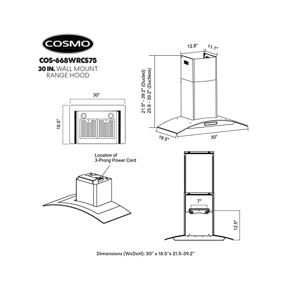 COSMO 668WRCS75 Wall Mount Range Hood with Ducted Exhaust Vent, 3 Speed Fan, Soft Touch Controls