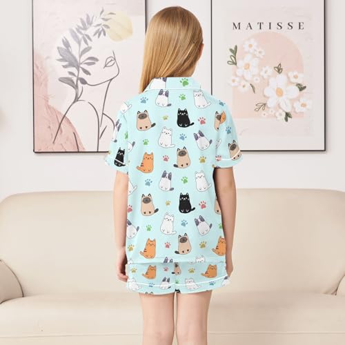 Cute Cartoon Simple Cats Summer Satin Pajama Set, Cute Button-Down Sleepwear Pj Set for Sleep Wears4