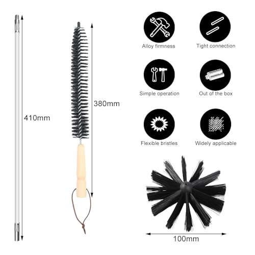 Lvjkes 16 STK kaminbürste,Ofenrohrbürste-Reinigungsset,mit 12 Stangen 410 mm, 2 Bürstenköpfe 100 mm,1 Sechskantstange 4,5cm,1 Holzstielbürste 38cm,für Kamin,Schornstein,Trocknerkanal,Luftauslass
